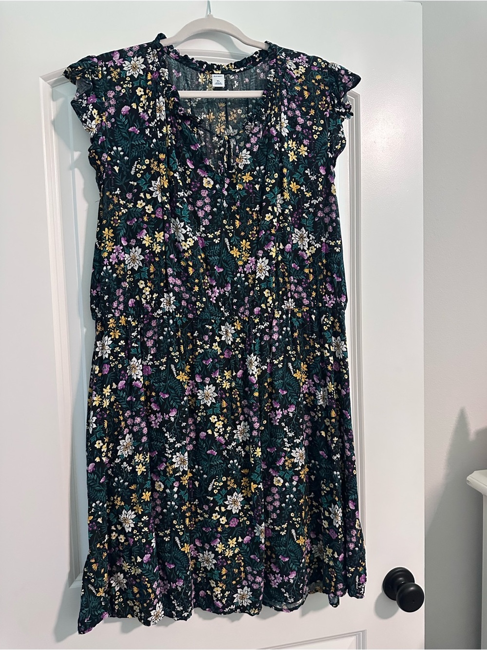 Old Navy Black Floral Print Midi Dress with Yellow & Purple Flowers